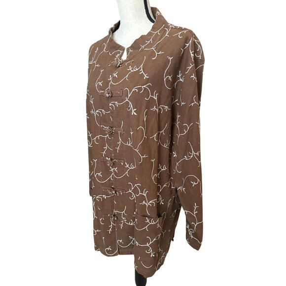 Silhouettes Brown Linen Top Cotton Embroidered Tie Knot Front Tunic Size 3X - Picture 5 of 6